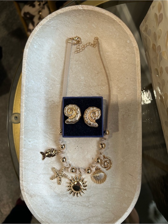 Jewelry - Gold Coastal Charm Necklace with Matching Shell Earrings